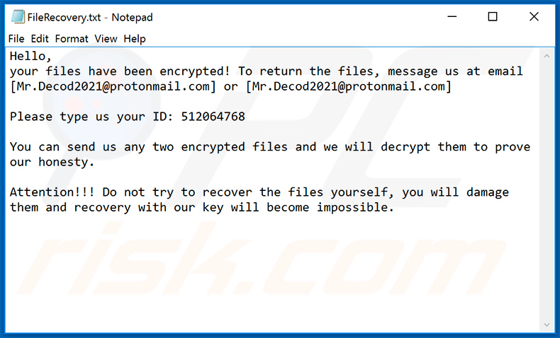 .google ransomware variant which provides Mr.Decod2021@protonmail.com email address