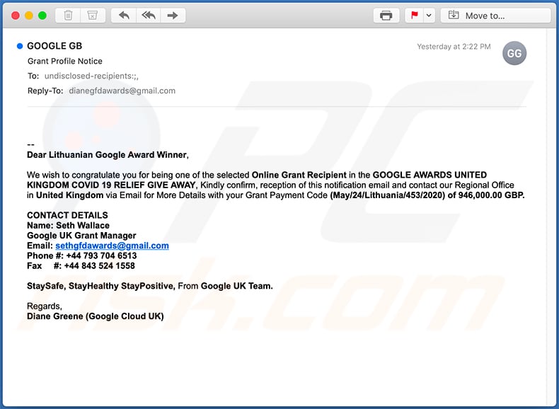 Google Winner scam email (2020-05-25)