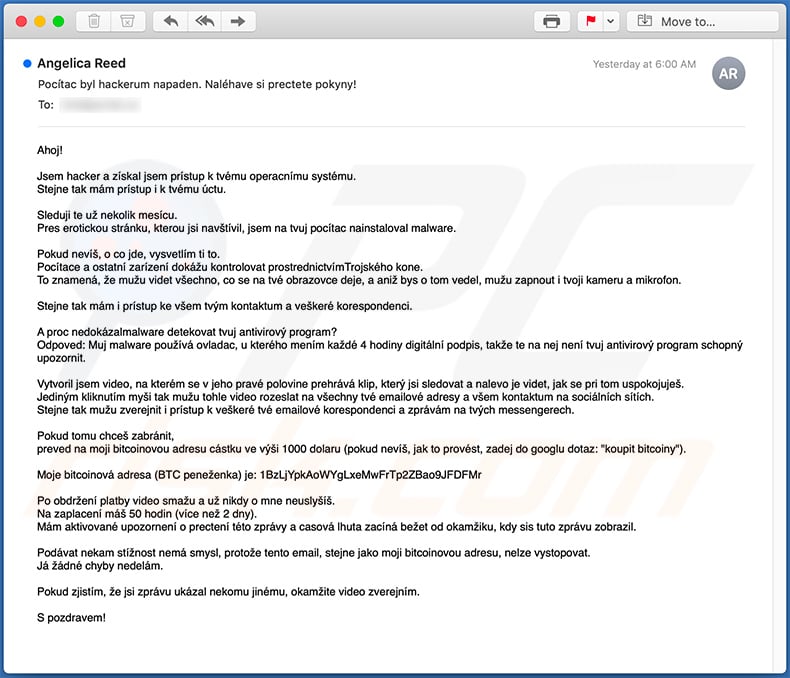 Hacker Who Has Access To Your Operating System scam email in Czech language