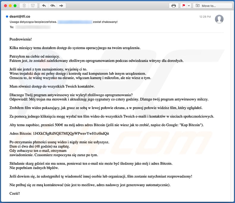 Hacker Who Has Access To Your Operating System scam email Polish variant