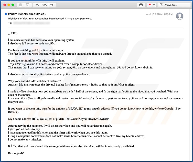 Hacker Who Has Access To Your Operating System scam email (April 15, 2020)