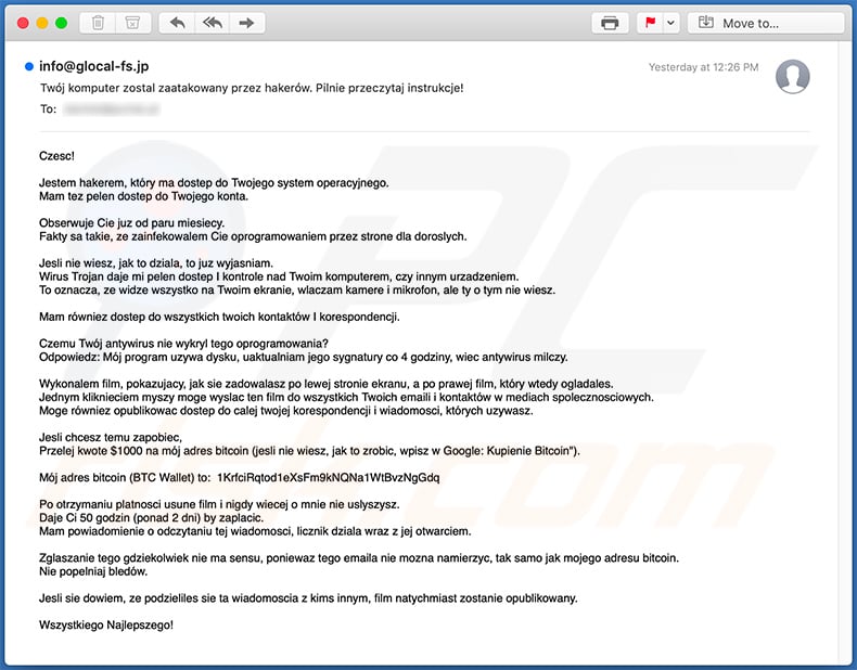 Hacker Who Has Access To Your Operating System scam email in Polish language