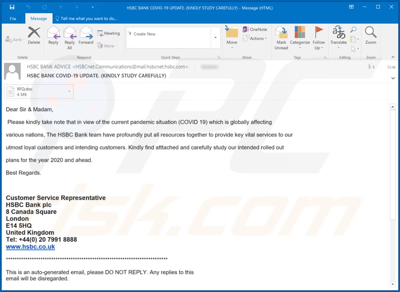 HSBC Bank Covid-19 Update malware-spreading email spam campaign