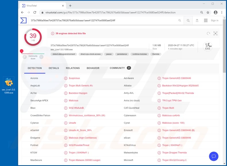 Hupigon malware detection on VirusTotal