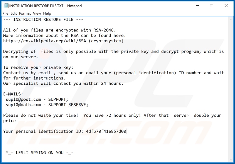 Lesli decrypt instructions (INSTRUCTION RESTORE FILE.TXT)