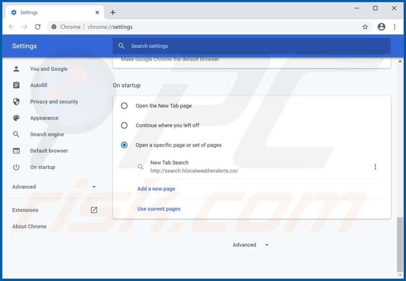 Removing hlocalweatheralerts.co from Google Chrome homepage