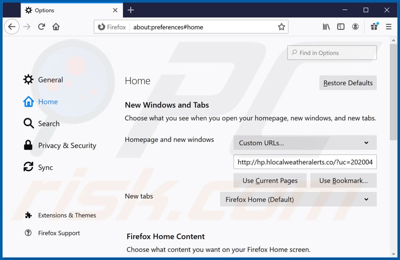 Removing hlocalweatheralerts.co from Mozilla Firefox homepage