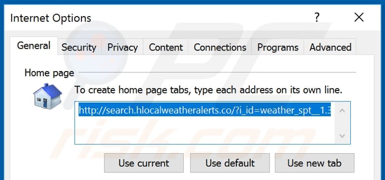 Removing hlocalweatheralerts.co from Internet Explorer homepage