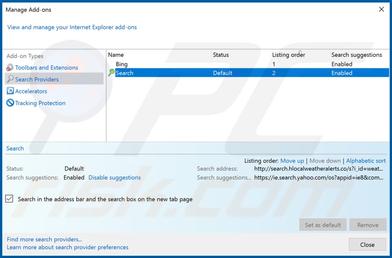 Removing hlocalweatheralerts.co from Internet Explorer default search engine