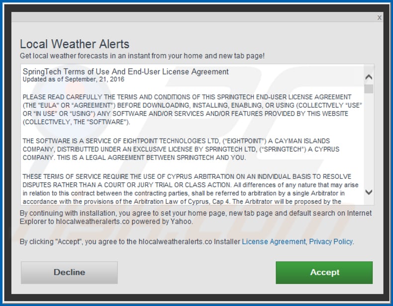 Official Local Weather Alerts browser hijacker installation setup