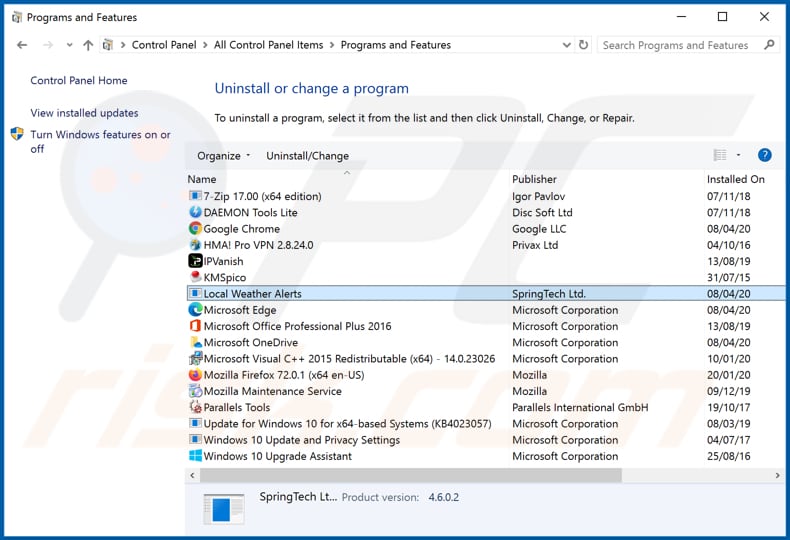 hlocalweatheralerts.co browser hijacker uninstall via Control Panel