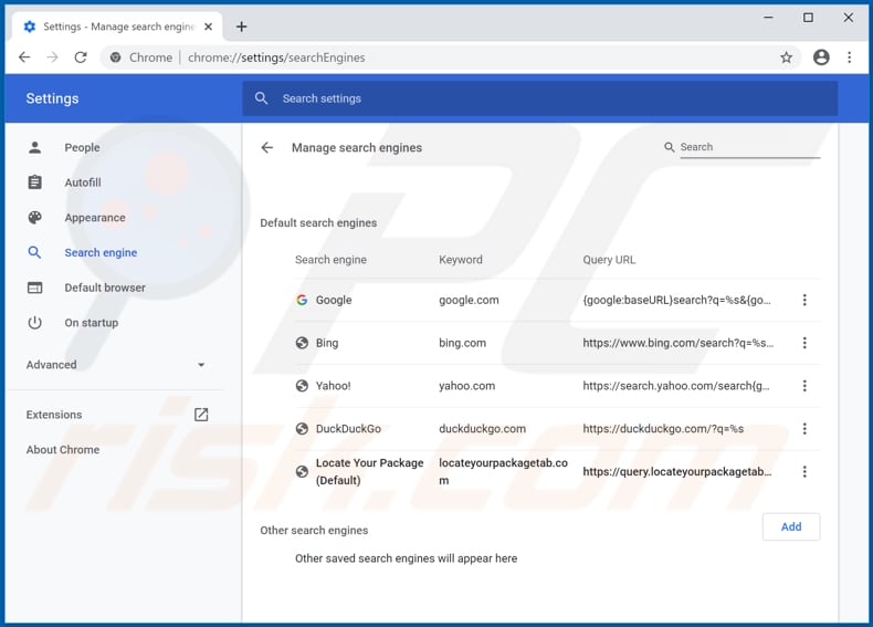 Removing locateyourpackagetab.com from Google Chrome default search engine