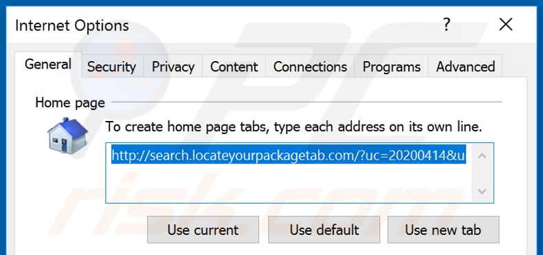 Removing locateyourpackagetab.com from Internet Explorer homepage