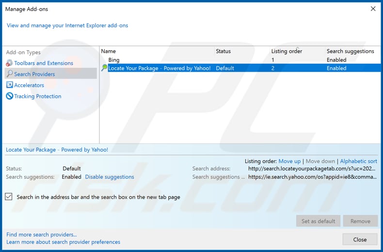 Removing locateyourpackagetab.com from Internet Explorer default search engine