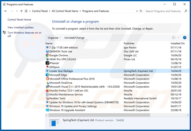 locateyourpackagetab.com browser hijacker uninstall via Control Panel