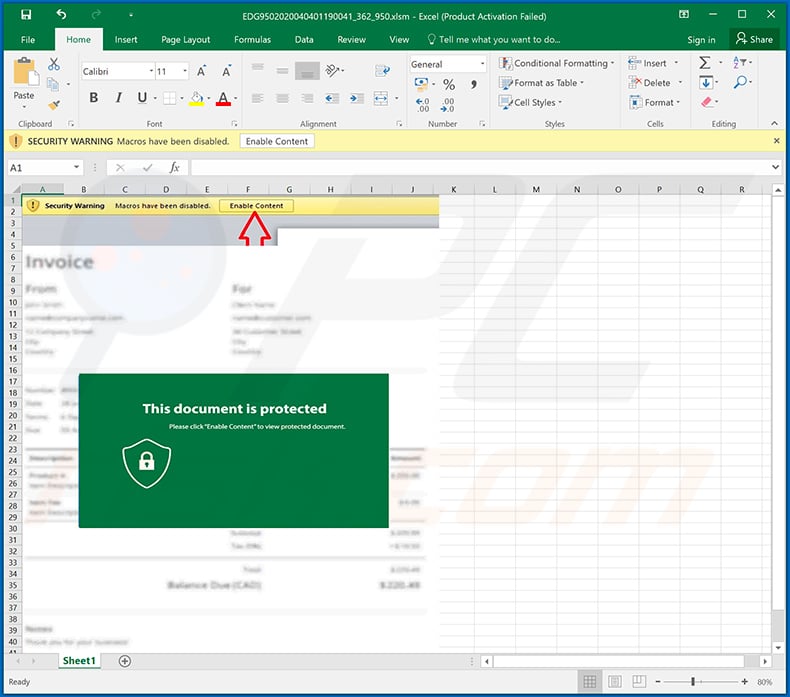 Malicious MS Excel document (EDG9502020040401190041_362_950.xlsm) distributing LokiBot malware