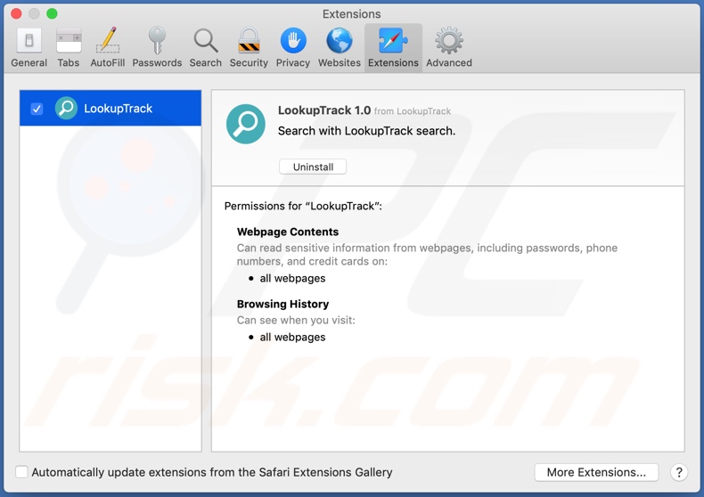 LookupTrack adware installed on Safari