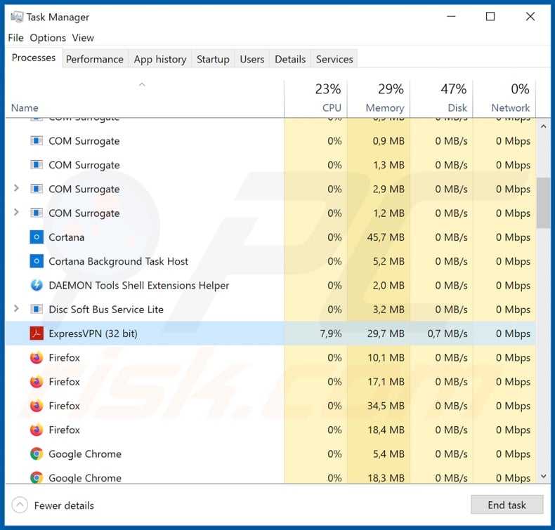 Lucifer malware process on task manager (disguised as ExpressVPN)
