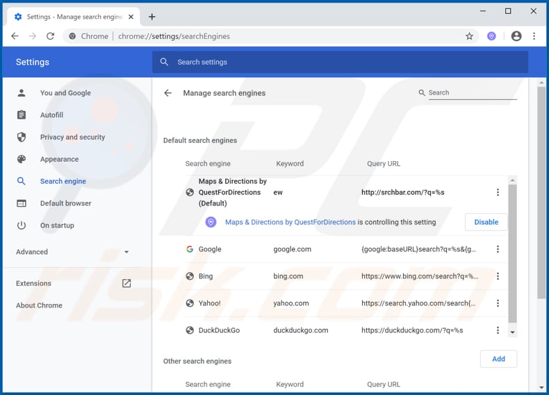 Removing srchbar.com from Google Chrome default search engine