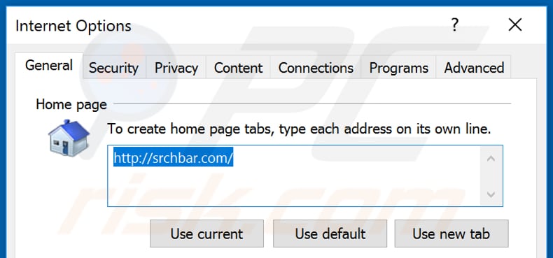 Removing srchbar.com from Internet Explorer homepage