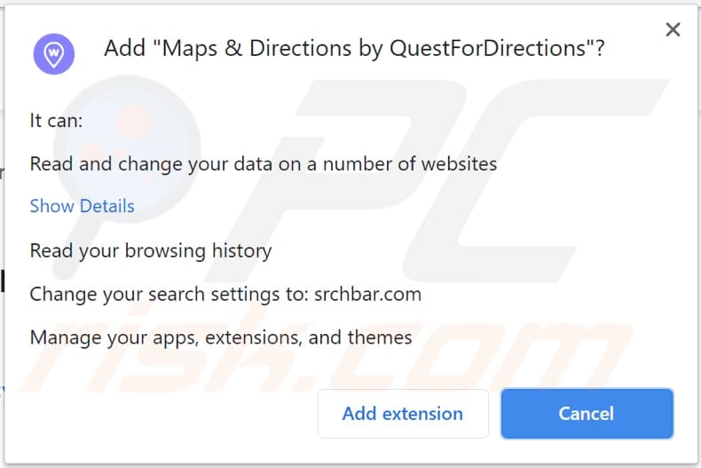 maps and directions by questfordirections asks for a permission to be installed