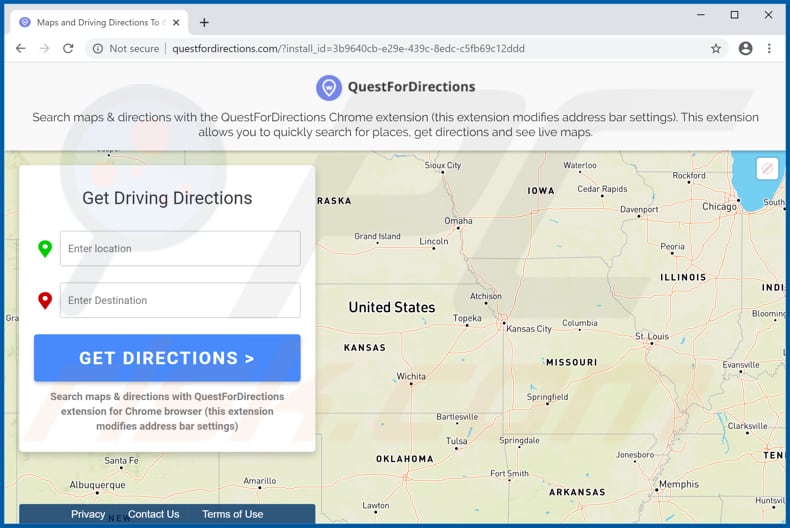 Website used to promote Maps & Directions by QuestForDirections browser hijacker