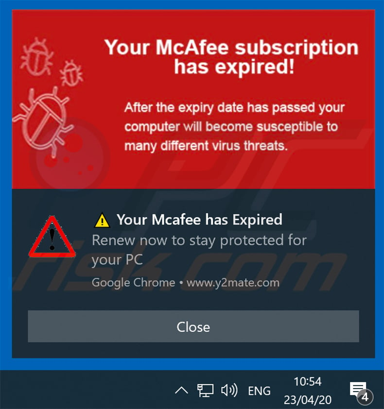 Your McAfee Subscription Has Expired pop-up scam-promoting browser notification delivered by y2mate.com