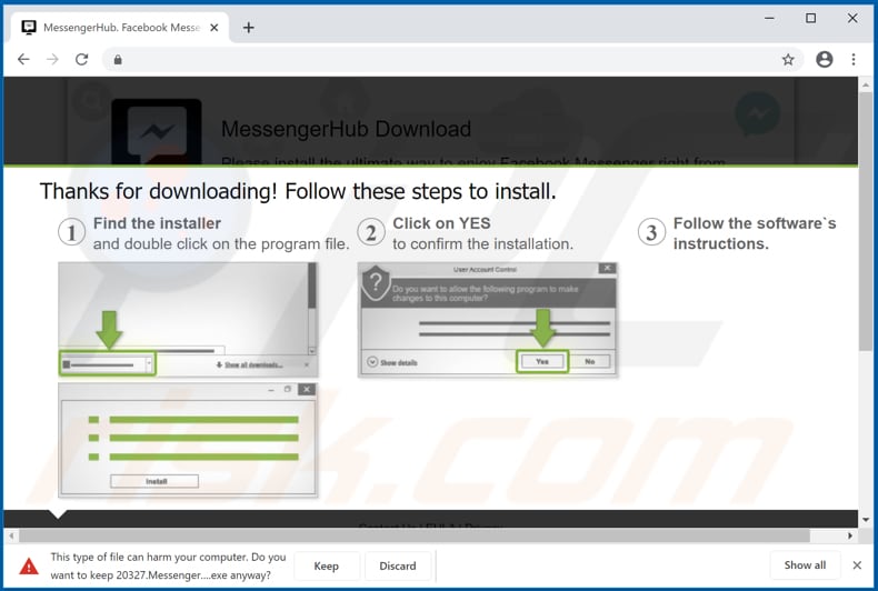 MessengerHub adware download page