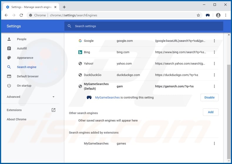 Removing gamsrch.com from Google Chrome default search engine
