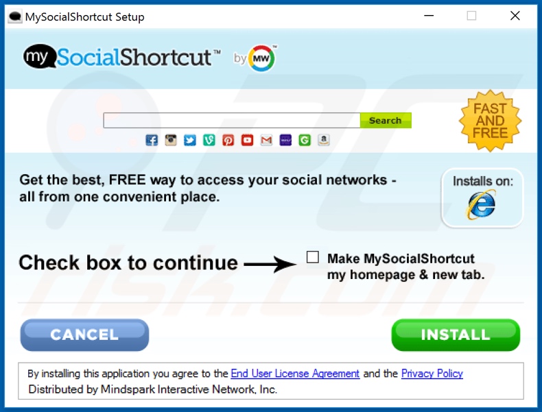 Official MySocialShortcut browser hijacker installation setup