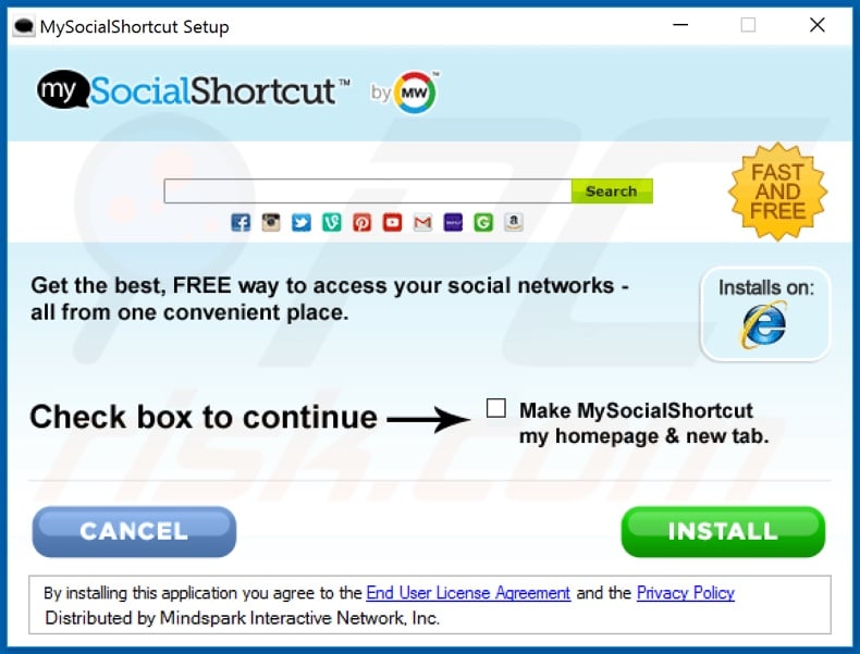 Official MySocialShortcut browser hijacker installation setup