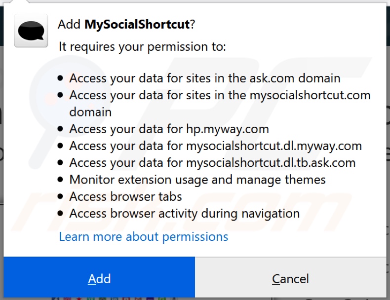 MySocialShortcut browser hijacker asking for permissions on Firefox