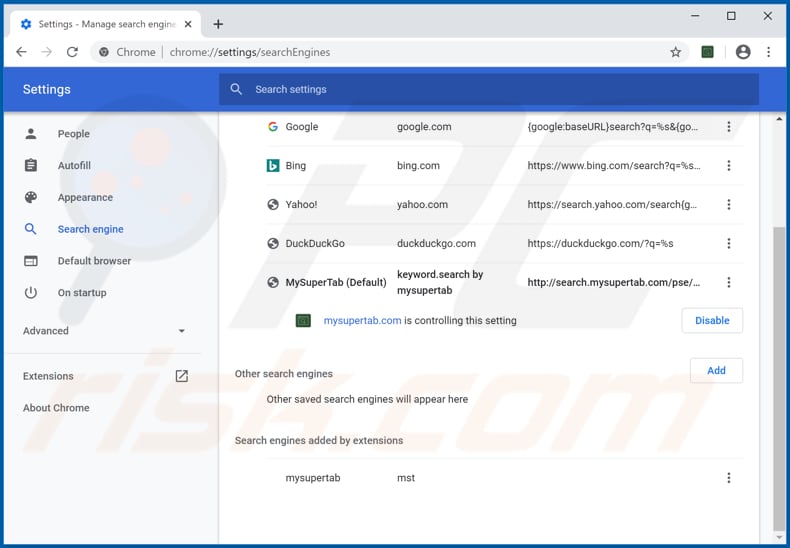 Removing mysupertab.com from Google Chrome default search engine
