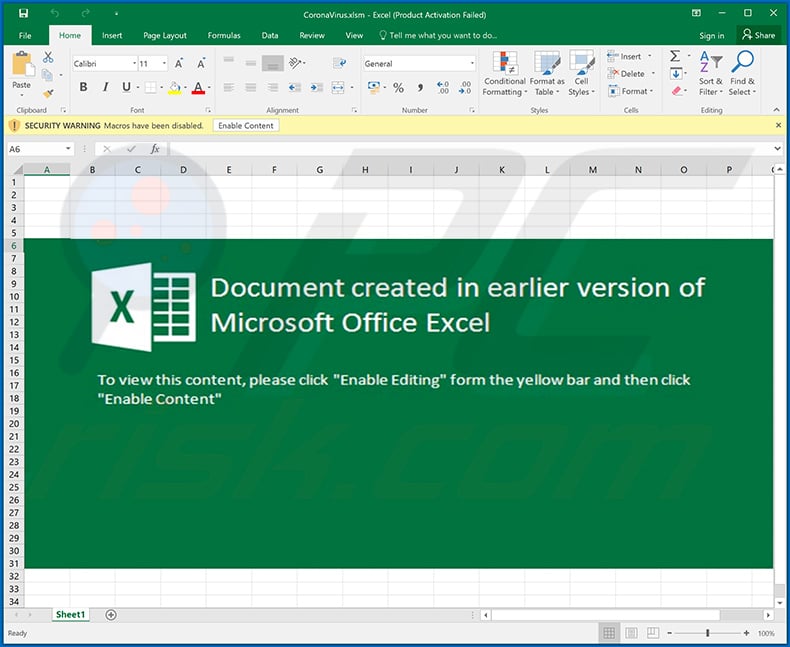 NanoCore RAT-distributing malicious MS Excel document