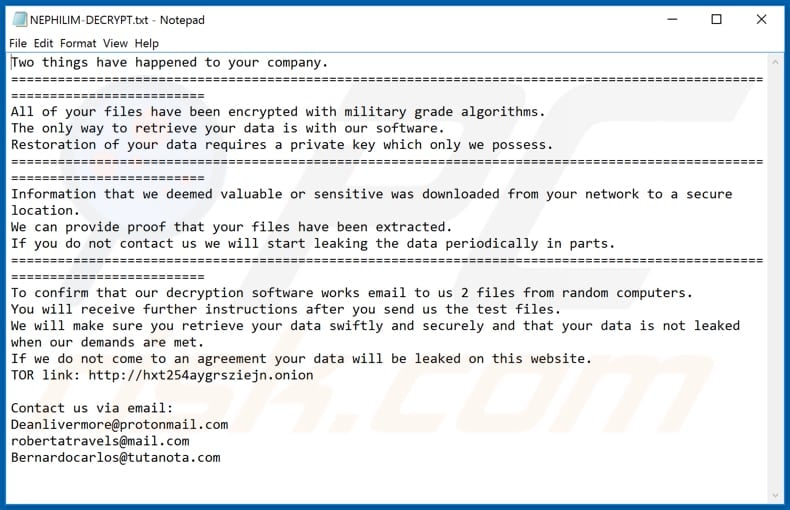NEPHILIM ransomware ransom note (NEPHILIM-DECRYPT.txt)
