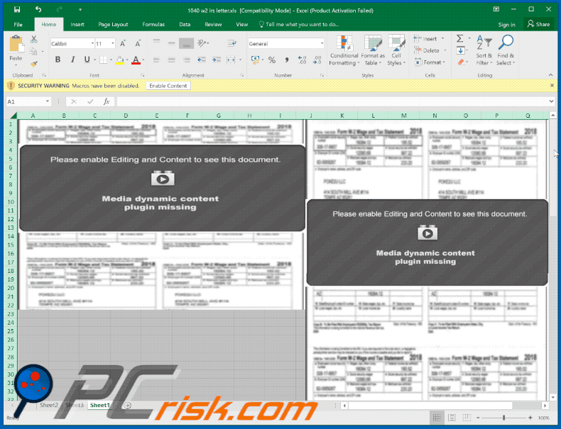 NetWire RAT-spreading malicious MS Excel document (1040 w2 irs letter.xls)