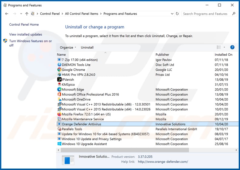 Orange Defender Antivirus adware uninstall via Control Panel