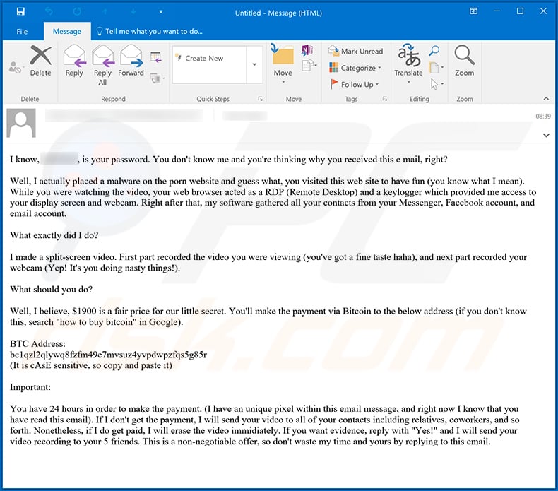Another variant of Placed A Malware On The Xxx Streaming Site Email Scam