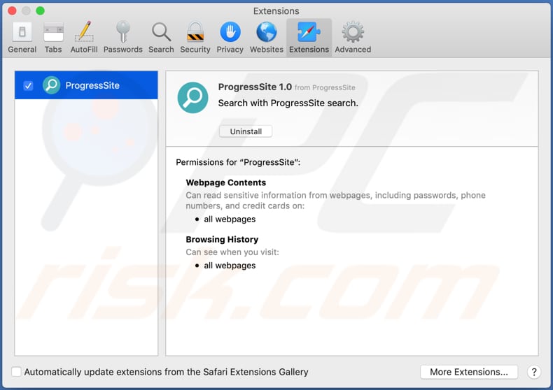 progresssite adware extension on safari browser