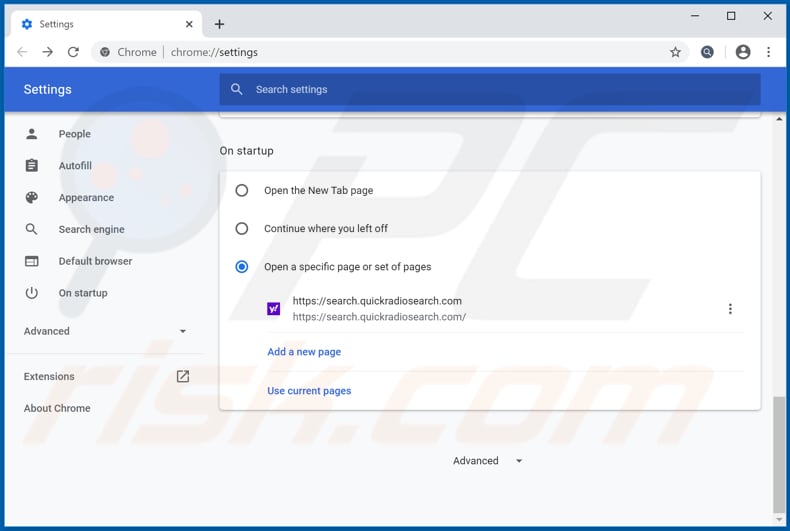 Removing search.quickradiosearch.com from Google Chrome homepage