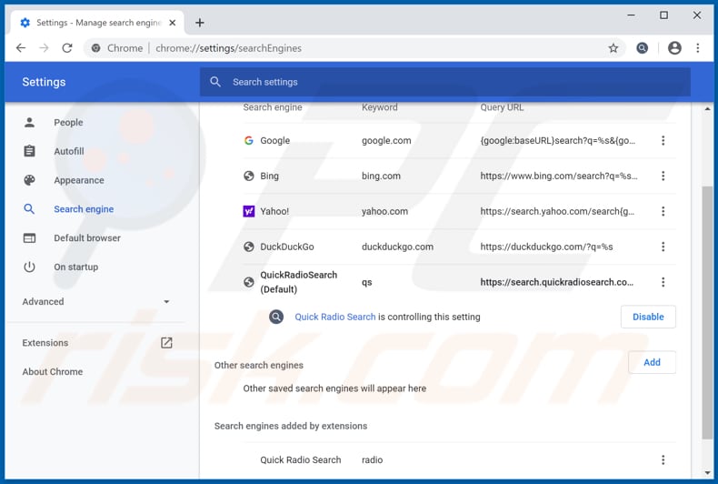 Removing search.quickradiosearch.com from Google Chrome default search engine
