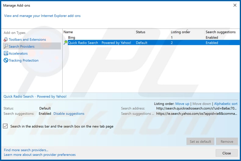 Removing search.quickradiosearch.com from Internet Explorer default search engine