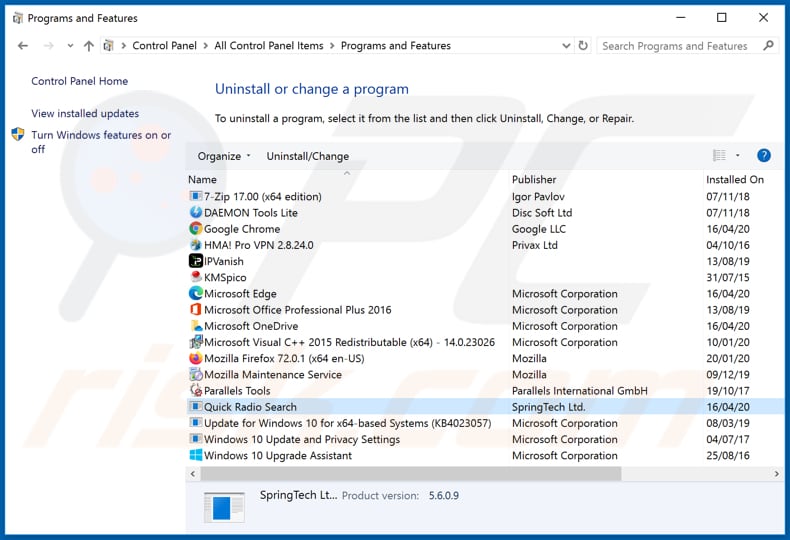 search.quickradiosearch.com browser hijacker uninstall via Control Panel