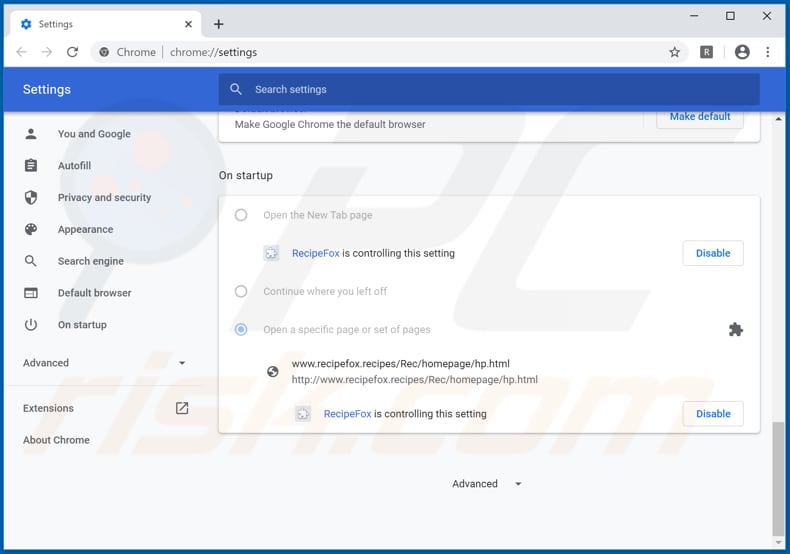Removing recipefox.recipes from Google Chrome homepage