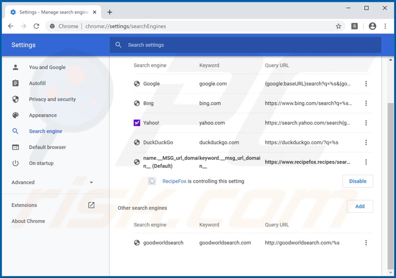 Removing recipefox.recipes from Google Chrome default search engine