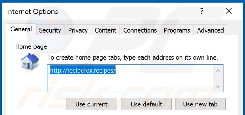 Removing recipefox.recipes from Internet Explorer homepage