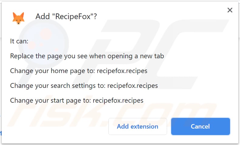 recipefox browser hijacker asks for a permission to be installed