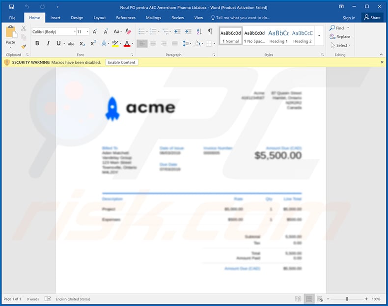 MS Word document (Noul PO pentru AEC Amersham Pharma Ltd.docx) designed to inject Remcos RAT into the system