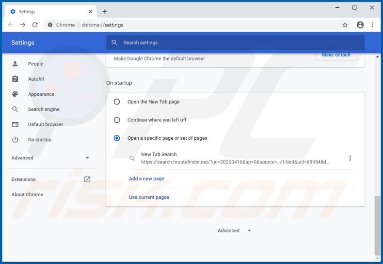 Removing hroutefinder.net from Google Chrome homepage