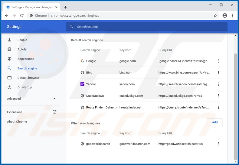 Removing hroutefinder.net from Google Chrome default search engine